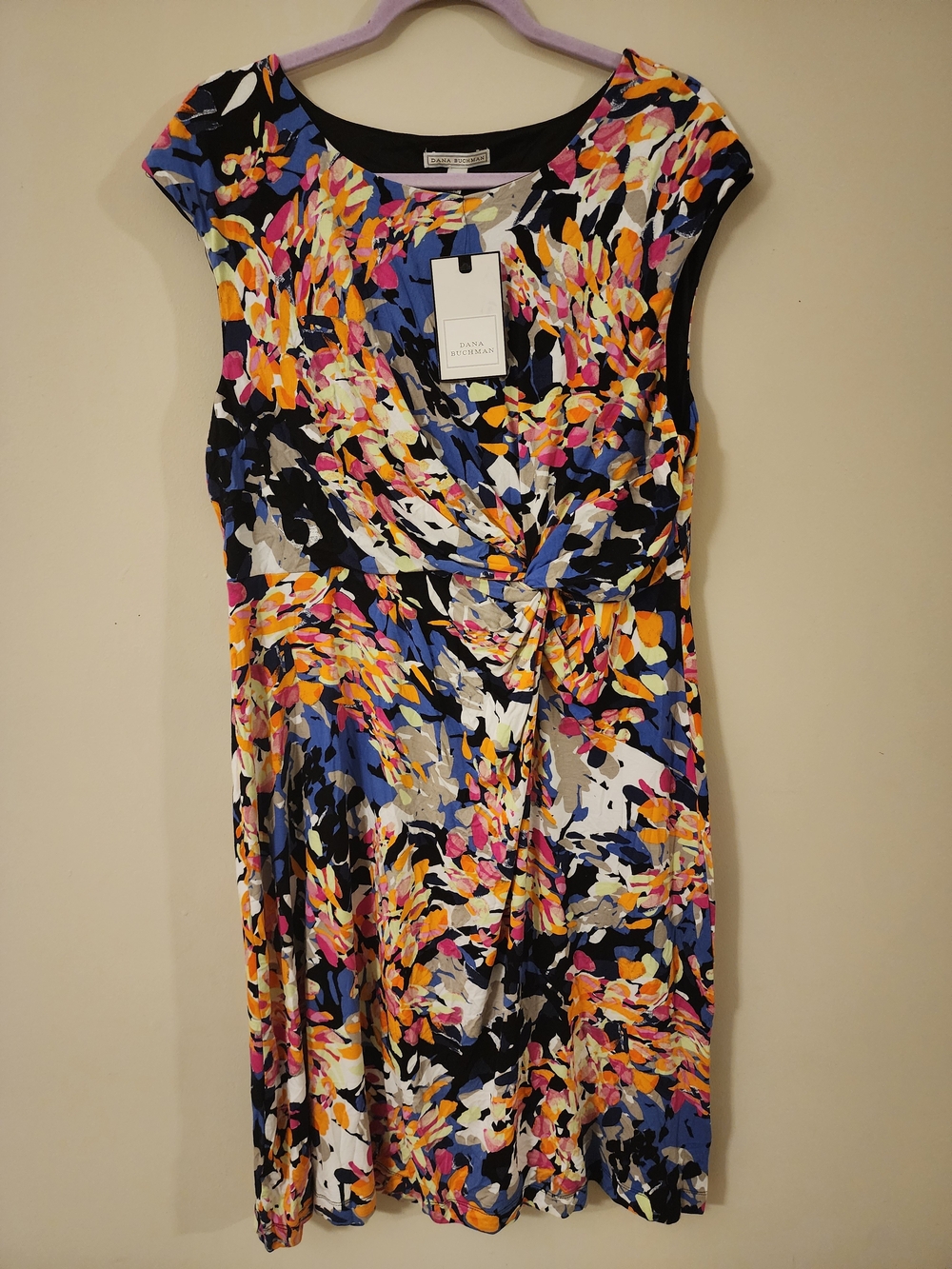 Dana Buchman Multicolor Knot-Front Cap-Sleeve Dress - Blue/Black/Pink